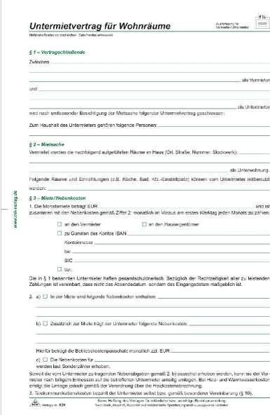 Produktbild Rnk Verlag Vordruck "Untermietvertrag fr Wohnr„ume", DIN A4 (2 x)
