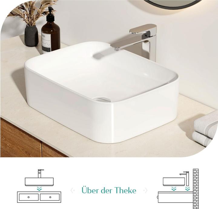 Produktbild Emke Aufsatzwaschbecken Eckiger Waschbecken Keramik Waschbecken Waschtisch Weiss Glänzend 61×15×38 cm (3800 mm, 6100 mm)