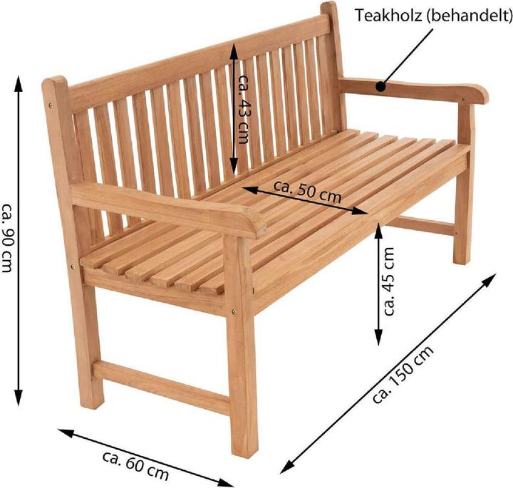 Produktbild VCM 3-Sitzer Gartenbank Parkbank hochwertig Teak Holz behandelt 150cm