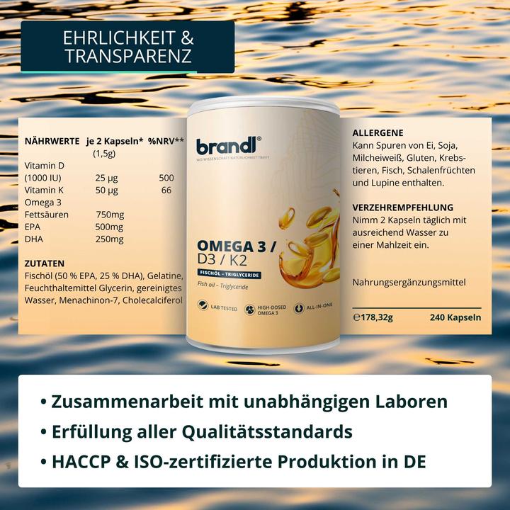 Nutritional values and ingredients Brandl Omega 3 + D3 K2 (1 Piece, Capsules, 180 g)