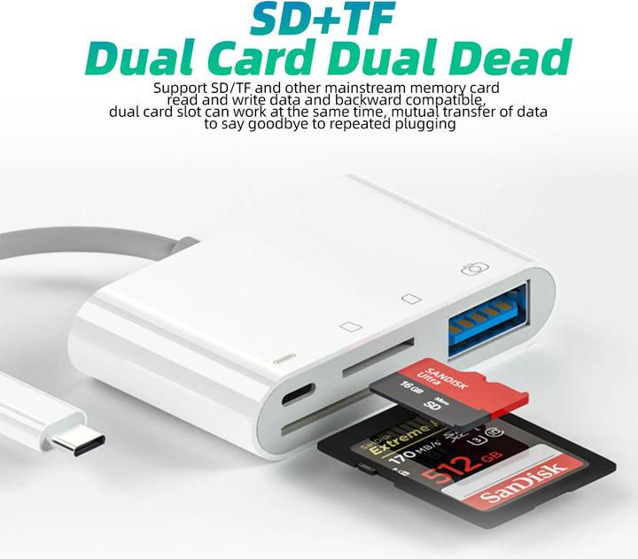 Actual product image PhoneLook Lecteur USB-C vers cartes mémoire SD & Micro-SD et USB (4 en 1) pour MacBook & iPad