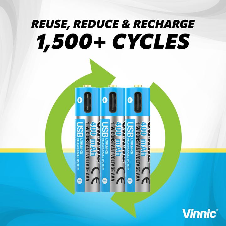 Image du produit Vinnic Rechargeable Battery AA USB-C 400mAh 4pcs incl. Case&Charging Cable (4 pcs, AAA, 400 mAh)