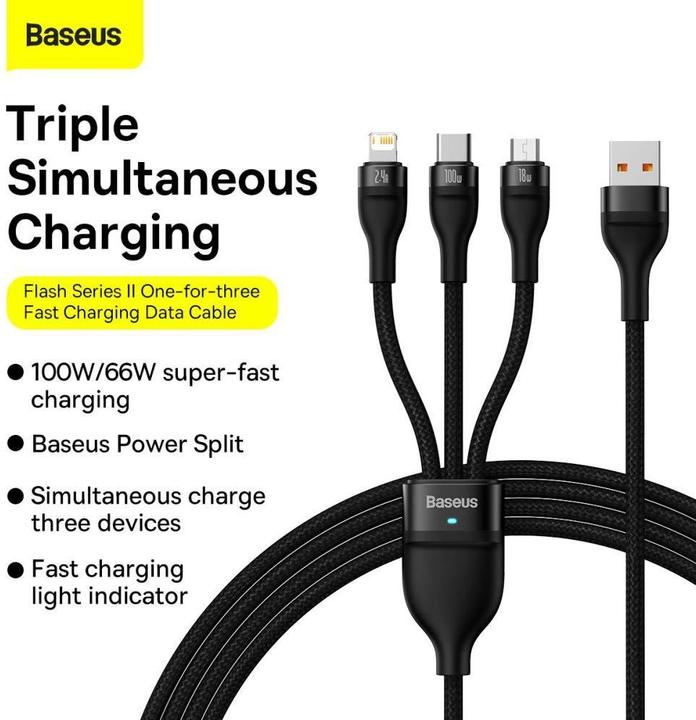Actual product image Baseus 3in1 USB cable Flash Series, USB-C + micro USB + Lightning, 100W, 1.2m (black) (1.20 m, USB 3.2 Gen 1, 100 W)