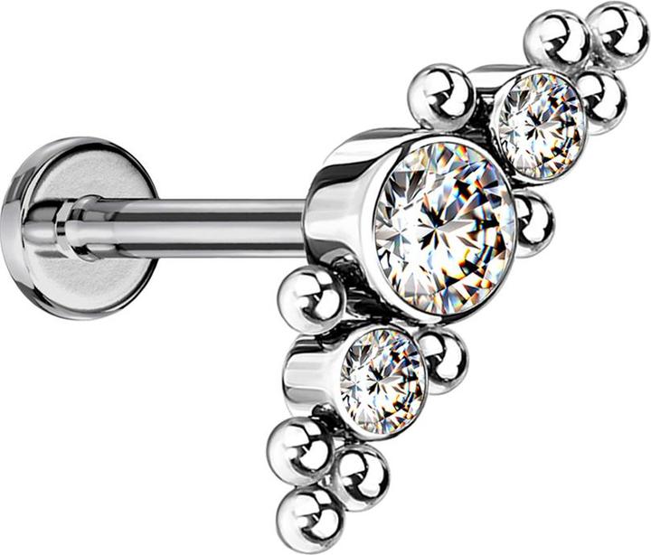 Produktbild Star Piercing Micro Threadless Labret silber mittig mit Kugeln und drei Kristalle silber (ohne Messing, Titan G23)