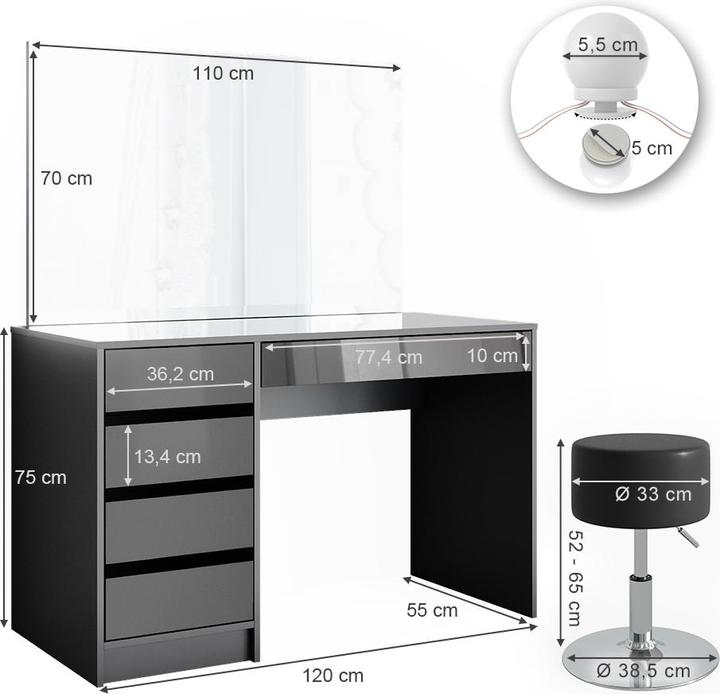 Image du produit Vicco Sherry avec tabouret et éclairage (55 x 75 x 120 cm)