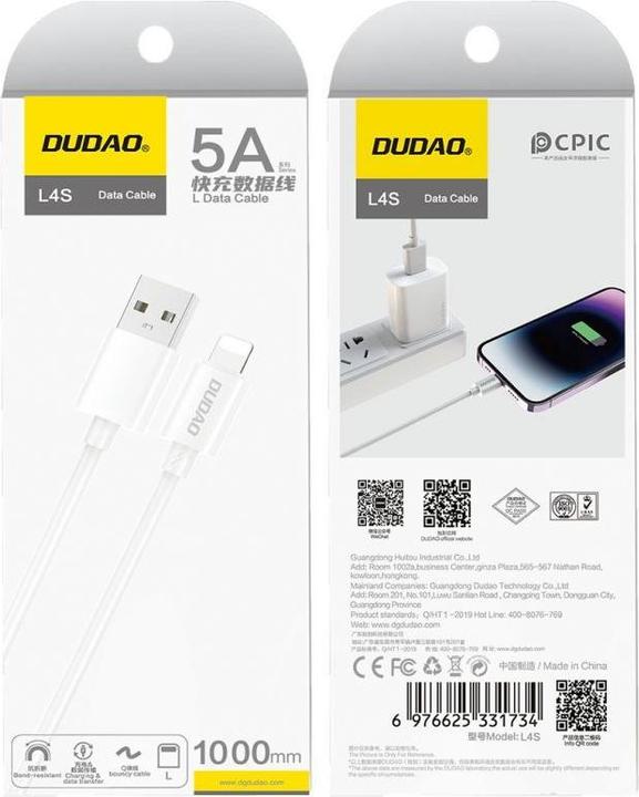 Actual product image Dudao L4SL USB-A / Lightning 2A cable 1m - white (1 m, USB 3.2 Gen 1)