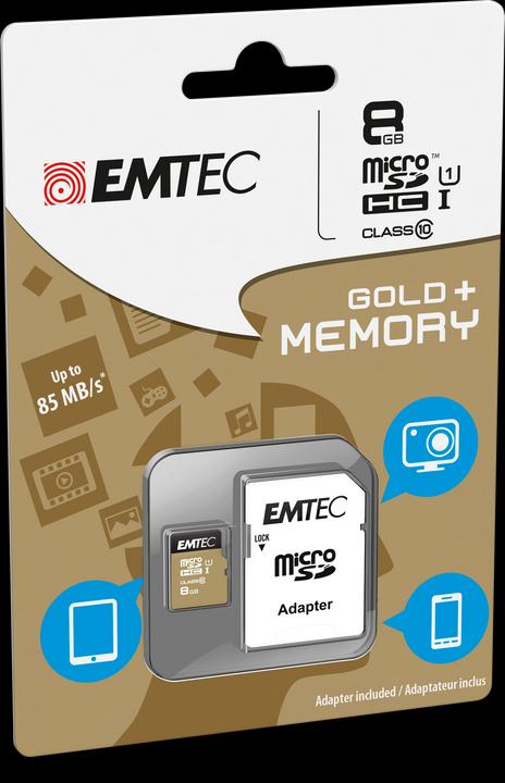 Produktbild Emtec Gold+ Flash-Speicherkarte (SD-Adapter inbegriffen) (8 GB, microSDHC, U1, UHS-I)