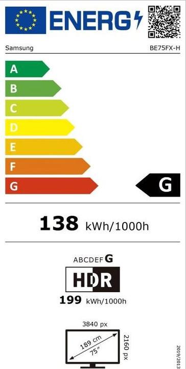 Energie-Label Samsung BE75FX-H Smart Signage TV 189,23 cm 74,5 Zoll (75")