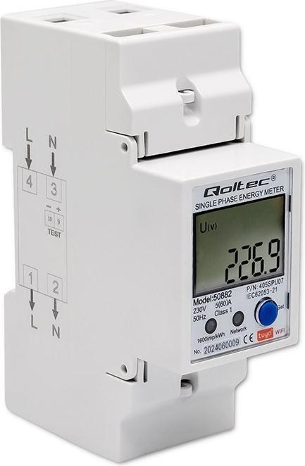 Qoltec 50882 Single phase electronic energy consumption meter for DIN rail | Wi-Fi | TUYA | 230V | L