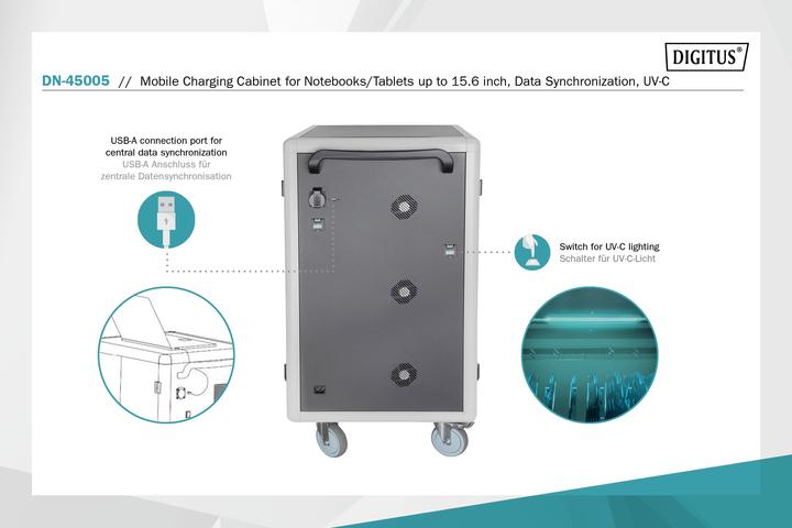 Produktbild Digitus Mobiler Ladeschrank für Notebooks / Tablets bis 15,6 Zoll, Datensynchronisation, UV-C