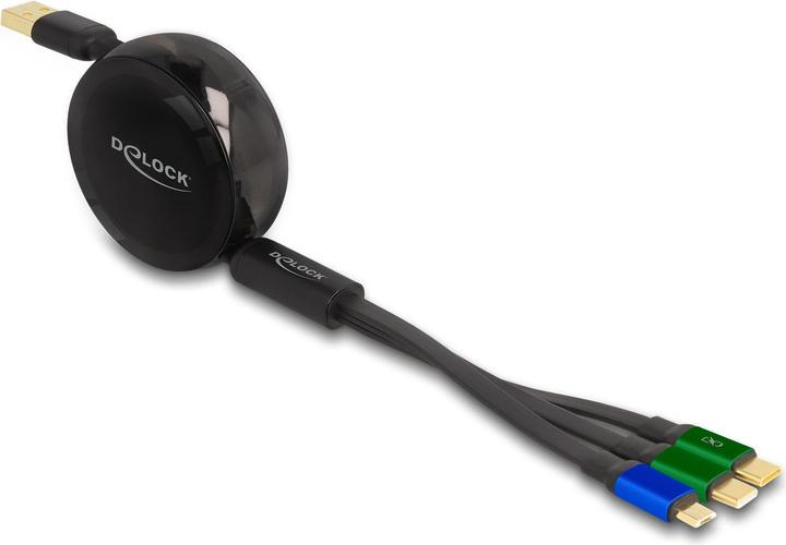 Image du produit Delock Câble de recharge USB rétractable 7,60cm (3"") 1 Type-A vers Micro USB / 2 x USB Type-C™ avec (1.13 m, USB 2.0)