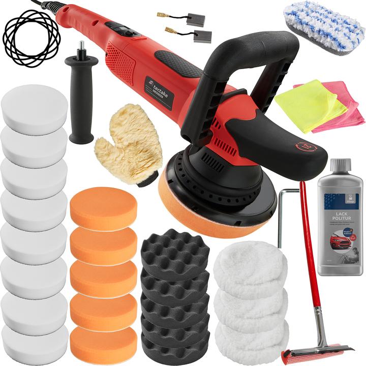 2 x Ersatzkohle, Poliermaschine, Rotationsteller, 500 ml, Montagematerial, 2 Mikrofasertücher, Zusatz-Stabgriff, 1 Lackpolitur universal, Zusatz-Bogengriff, Benutzerhandbuch, 8 Polierschwamm soft 180 mm, 1 Gummiabzieher (2-seitig), 1 Waschschwamm fein, 3 superweiche Polierfelle 180 mm, 1 Waschhandschuh, 5 Polierschwamm mittel 150 mm, 5 gewaffelte Polierschwamm mittel 150 mm, Polierschwamm