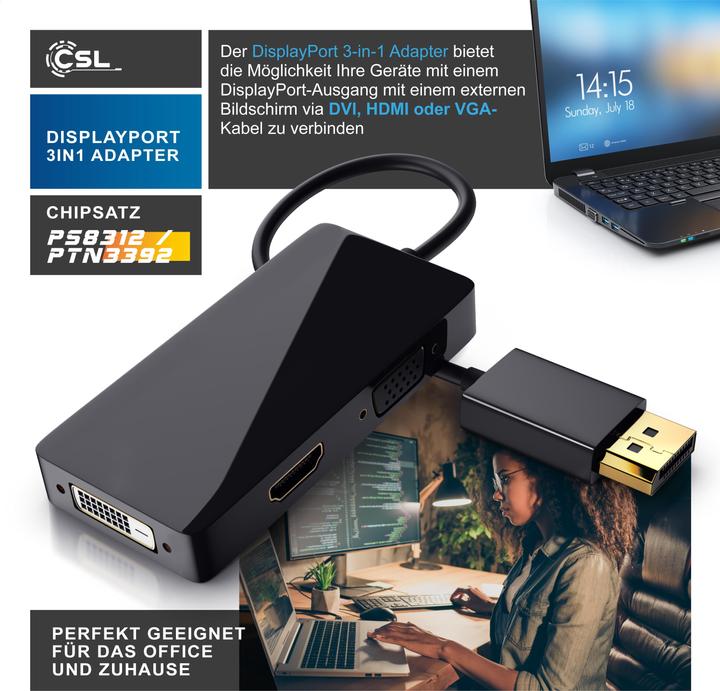 Produktbild CSL 3in1 DisplayPort auf HDMI Adapter, HDMI DVI VGA Video Adapter, 15 cm, Konverter-Kabel, Full HD 1080p (DVI, HDMI, VGA, 10 cm)