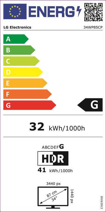Etichetta energetica LG Monitor LCD||34WP85CP-B|34"|Curvo/21 : 9|Pannello IPS|3440x1440|21:9|5 (3440 x 1440 pixel, 34")