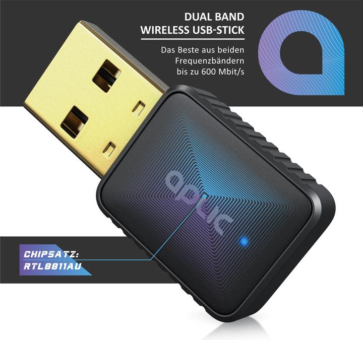 Produktbild Aplic WLAN USB Adapter Stick Dongle, WiFi Stick 600 MBit/s 2,4 GHz + 5 GHz / 802.11 ac/n/g/b/h, Windows 11 (USB)