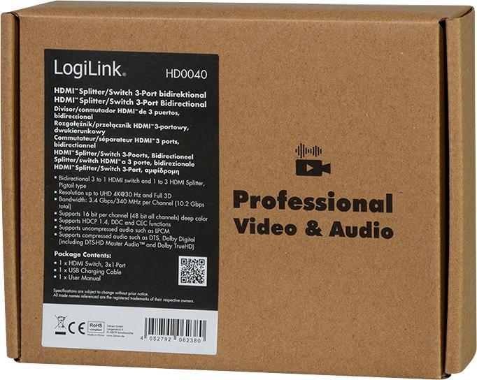 Produktbild LogiLink HD0040 HDMI Splitter 1x3/3x1-Port, 4K/30 Hz, CEC,bidirect, pigtail