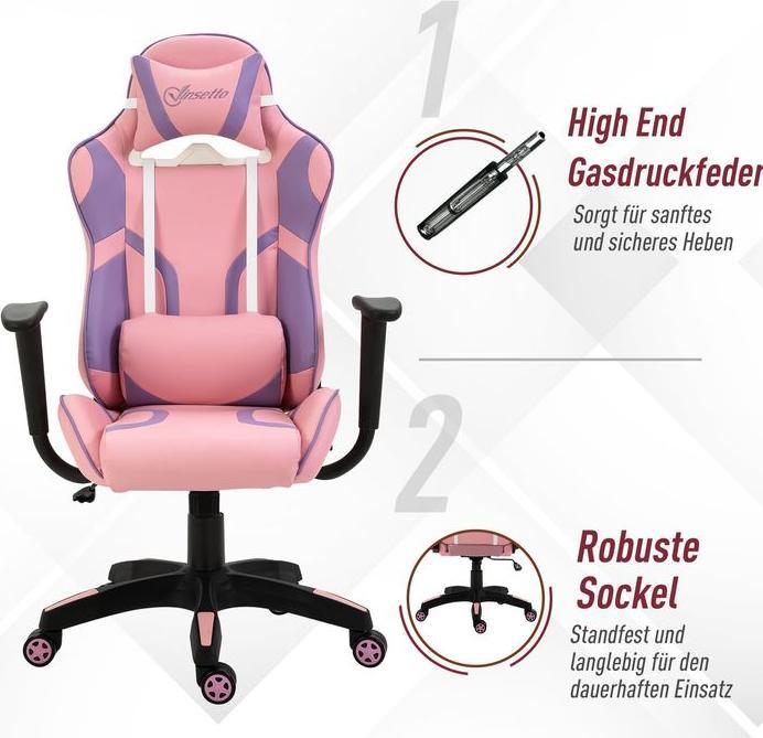 Image du produit Swisshandel24 Chaise de jeu ergonomique Chaise de bureau Coussin lombaire réglable Rose&Violet