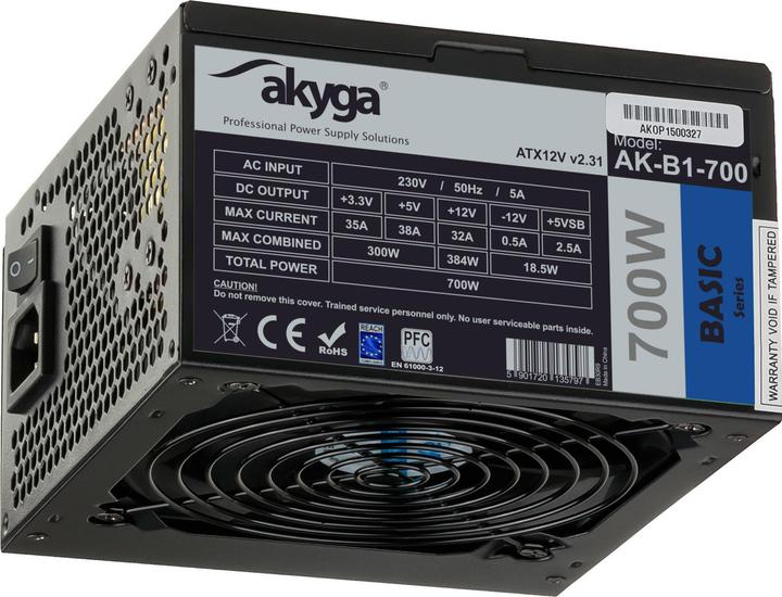 Actual product image Akyga AK-B1-700BE ATX Power Supply 700W Juodas EDITION P4+4 PCI-E SATA PPFC 12 cm (700 W)