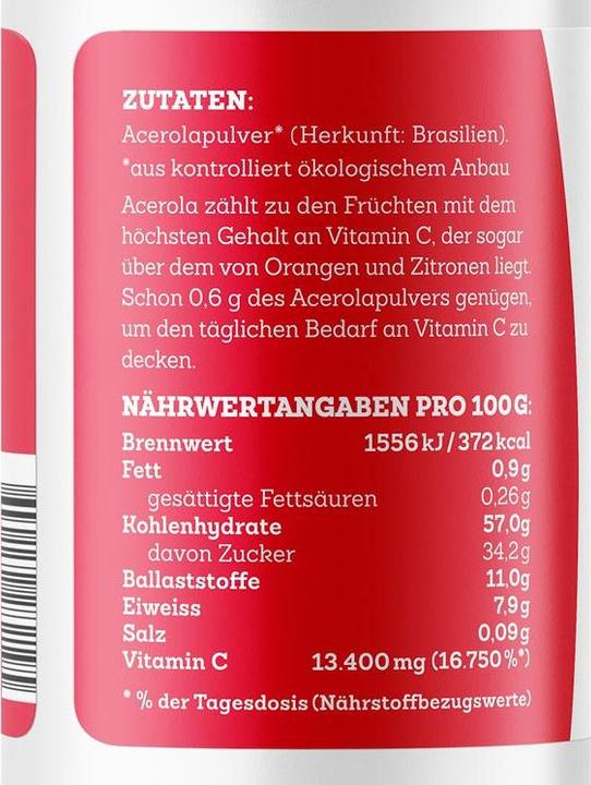 Valori nutrizionali e ingredienti Effective Nature Acerola in polvere (1 Pezzo/i, Polvere, 200 g)