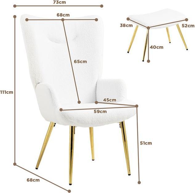 Produktbild Swisshandel24 Ohrensessel mit Hocker, Sessel mit Sherpa-Bezug, Hohe Rückenlehne, Weiss