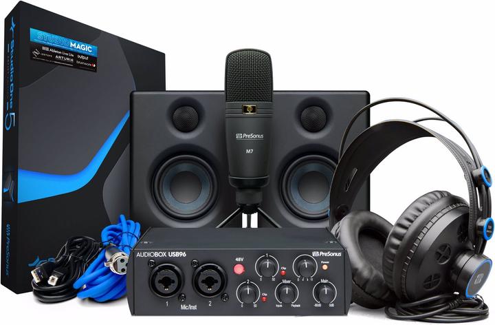 Cavi XLR, 2 monitor da studio Eris 3.5, 1x AudioBox USB 96, Cavo USB, Suite di plugin Studio Magic, 1x cuffie HD7, 1x microfono M7, Software per artisti Studio One, Treppiede da tavolo
