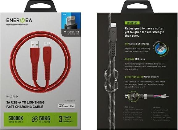 Actual product image Energea cable Nyloflex USB - Lightning Charge and Sync C89 MFI 1.5m czerwony/red (1.50 m, USB 3.2 Gen 1)