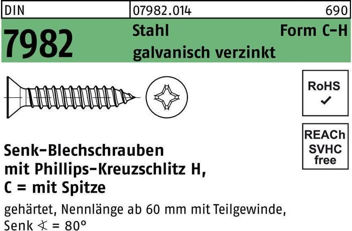 Productafbeelding Verzonkenkop tapschroef DIN 7982 met kruisgleuf PH/tip C 2.9 x 22 -H Gegalvaniseerd staal (100 Schroeven per stuk)