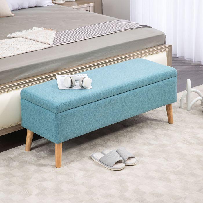Produktbild Swisshandel24 Sitzbank, Stauraum, Leinenoptik, Gummiholz Blau 110x39x45cm (110 cm)