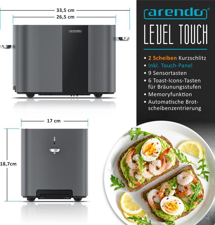 Produktbild Arendo Toaster Edelstahl 2 Scheiben Kurzschlitz, Restzeit & Bräunungsgradanzeige, Touch Display, 800 W (EU-Stecker)