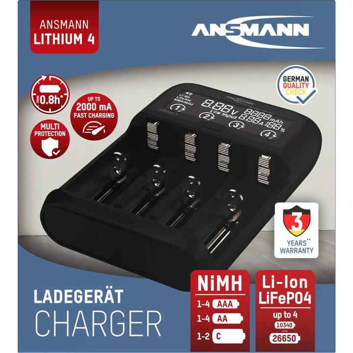 Produktbild Ansmann Lithium/NiMH-Ladegerät Lithium 4 (1 Stk., 10340, 10350, 10440, 10500, 12500, 12650, 13500, 13650, 14500, 14650, 16340, 16650, 17335, 17355, 17500, 17650, 17670, 18350, 18490, 18500, 18650, 18700, 20650, 21700, 22650, Akku)