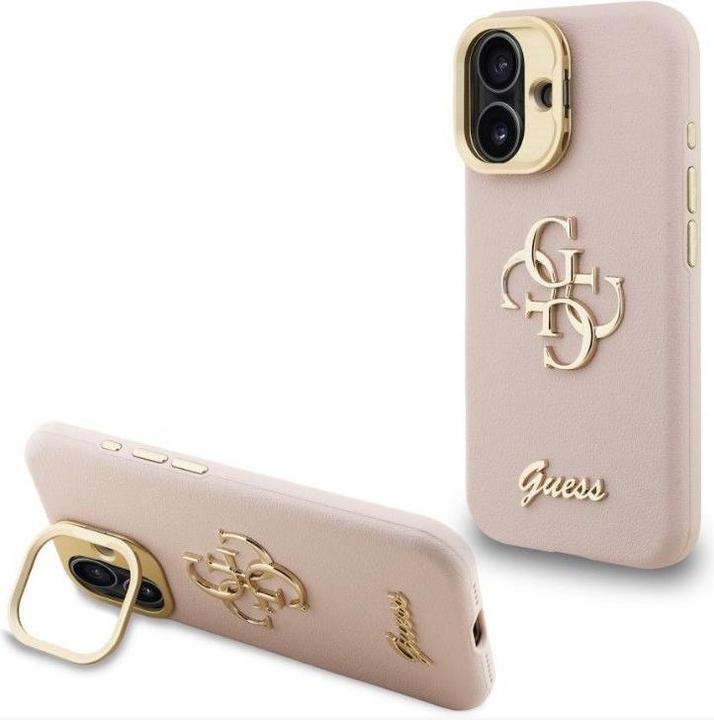 Actual product image Guess Back panel cover Apple iPhone 16 PU Grained 4G Logo Stand Camera Frame Case Pink (Apple iPhone 16)