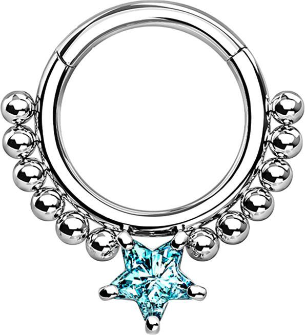 Star Piercing Micro Segmentring klappbar silber Kugeln und Sternkistall aqua (Chirurgenstahl 316L, ohne Messing)