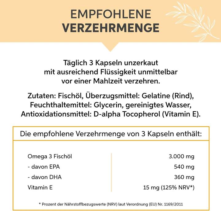 Nährwerte und Zutaten Eltabia Omega 3 Kapseln 1000 mg Fischöl hochdosiert 3000mg Tagesdosis mit 18% EPA & 12% DHA (500 Stück, Kapseln)