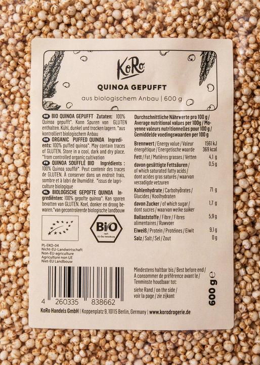 Valeurs nutritives et ingrédients KoRo Quinoa soufflé bio (3600 g)