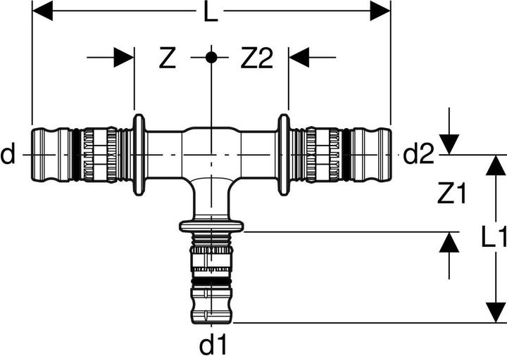 Produktbild Geberit Mepla Pressfitting T-Stck Kunststoff 40 x 20 x 40 mm 625.317.00.5 (Pressverbindung)