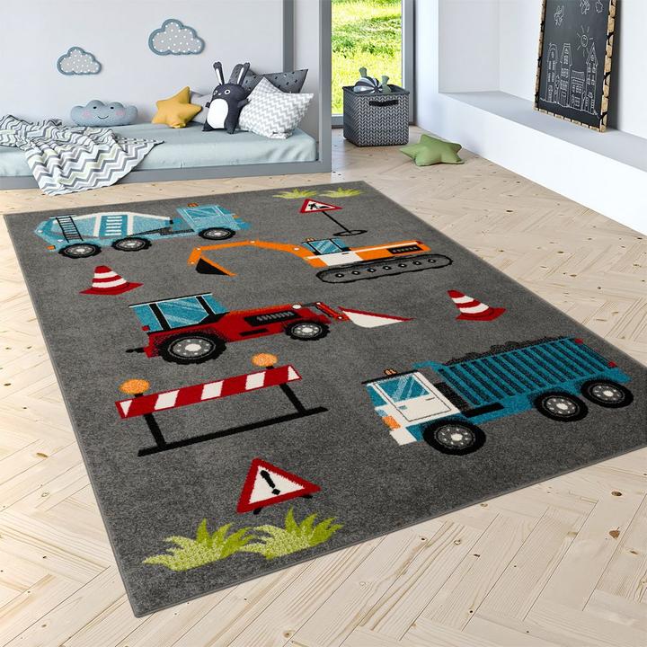 Produktbild Paco Home Kinder-Teppich Kinderzimmer Bagger Baustelle Grau (80 x 150 cm)