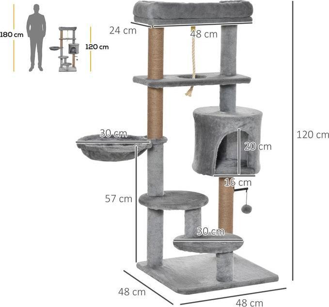 Produktbild Swisshandel24 Kratzbaum 120 cm Jutestamm, für Katzen bis 5 kg, Hellgrau (120 cm, Hellgrau+Beige)