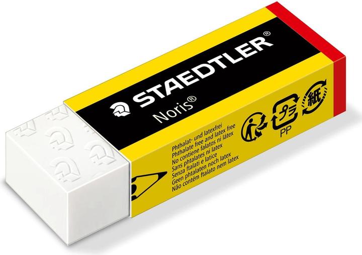 Image du produit Staedtler Gomme en plastique Noris, blanche, présentoir de 20 avec pochette coulissante en jaune/noir