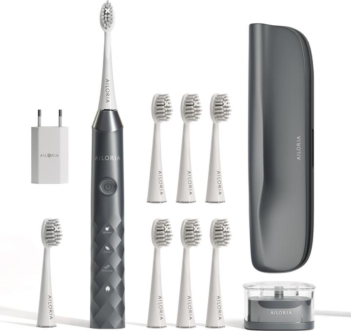 Astuccio, Stazione di ricarica USB induttiva, Presa di corrente USB, Spazzolino sonico SHINE BRIGHT, 8x testine Extra Clean