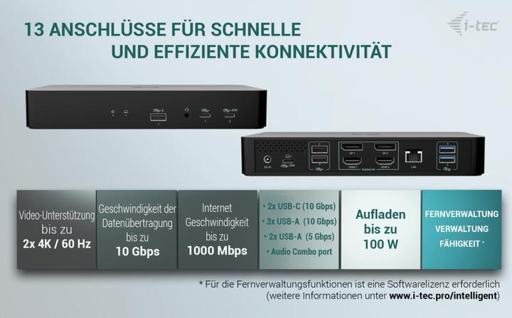 Image du produit i-tec USB-C/A Intelligent Dual DS+PD100W, universel (USB-C, 9 Ports)