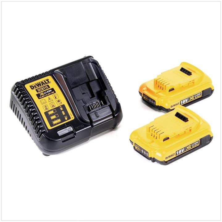 2 x Li-Ion battery packs DeWalt 18 V, 2.0 Ah, 1 x charger DeWalt DCB 115