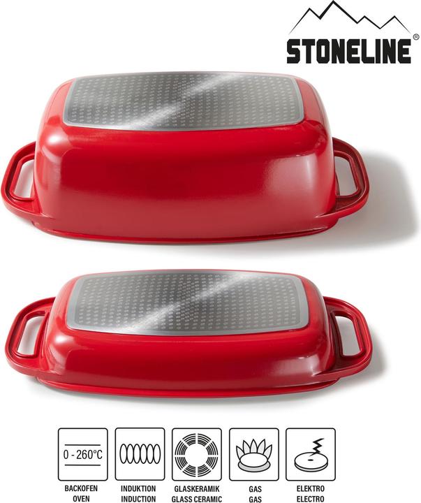 Produktbild Stoneline Bräter 40 x 22 cm mit Deckel, Backofen und Induktion geeignet, Antihaftbeschichtung, rot (Bräter + Schmortopf, Aluminiumguss)