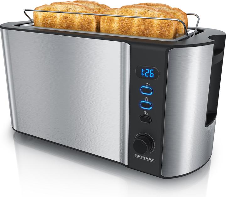 Produktbild Arendo Edelstahl Toaster 4 Scheiben Langschlitz, Doppelwand, Brötchenaufsatz, Display mit Restzeitanzeige