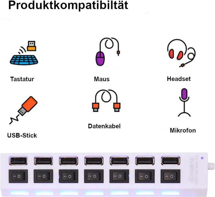 Image du produit Hermex Hub USB Adaptateur USB-A 2.0 7 ports avec interrupteur marche/arrêt et lumière (USB-A, 7 Ports)