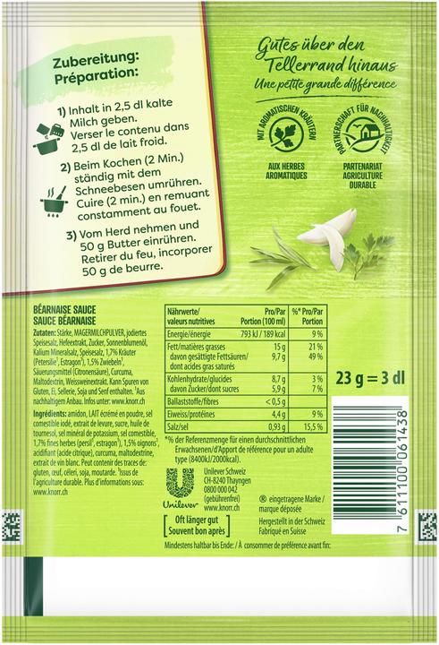 Valori nutrizionali e ingredienti Knorr Sacchetto di salsa Béarnaise, godimento cremoso con erbe, salsa Bearnaise ideale con pollame e pesce (23 g)