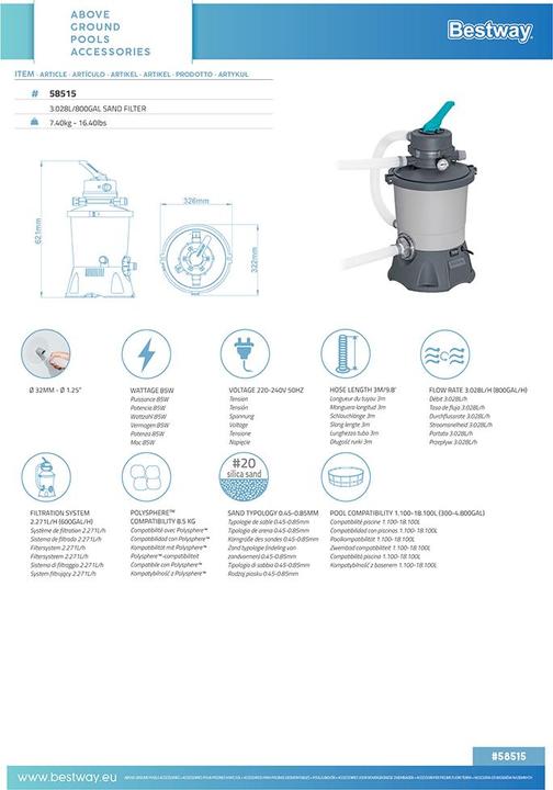 Image du produit Bestway Pompe de filtration à sable pour piscine hors sol 3 596 L