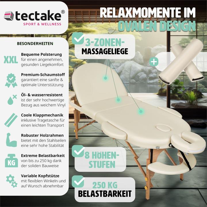 Immagine prodotto tectake Lettino da massaggio ovale a 3 zone con 5 cm di imbottitura, rulli e supporto in legno