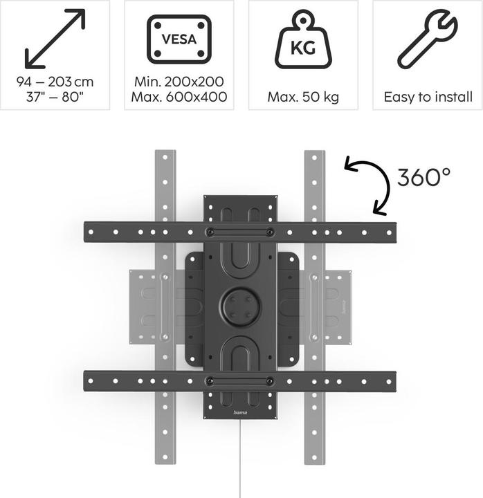 Produktbild Hama TV-Wandhalterung, Hoch- und Querformat, 203 cm (80") bis 50 kg (Wand, 80", 50 kg)