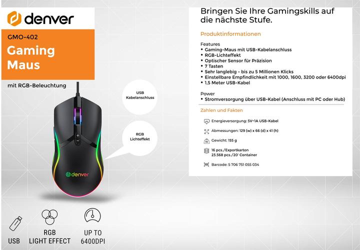 Immagine prodotto Denver GMO-402 Mouse destro USB Type-A ottico 6400 DPI (Cablato)