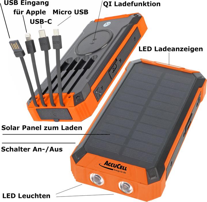 Produktbild AccuCell Powerbank mit 4 Ladekabel, QI-Ladefunktion, Solar Panel, LED Licht (20000 mAh)